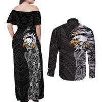 American Samoa Flag Day Couples Matching Off Shoulder Maxi Dress and Long Sleeve Button Shirt Tribal Tattoo with Eagle Black