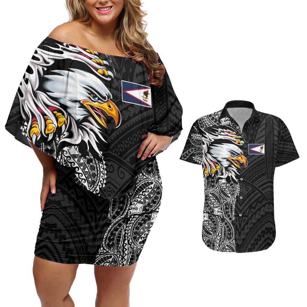 American Samoa Flag Day Couples Matching Off Shoulder Short Dress and Hawaiian Shirt Tribal Tattoo with Eagle Black LT03 Black - Polynesian Pride