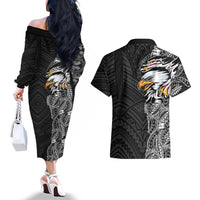American Samoa Flag Day Couples Matching Off The Shoulder Long Sleeve Dress and Hawaiian Shirt Tribal Tattoo with Eagle Black LT03 - Polynesian Pride