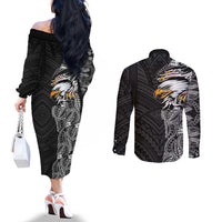 American Samoa Flag Day Couples Matching Off The Shoulder Long Sleeve Dress and Long Sleeve Button Shirt Tribal Tattoo with Eagle Black LT03 - Polynesian Pride