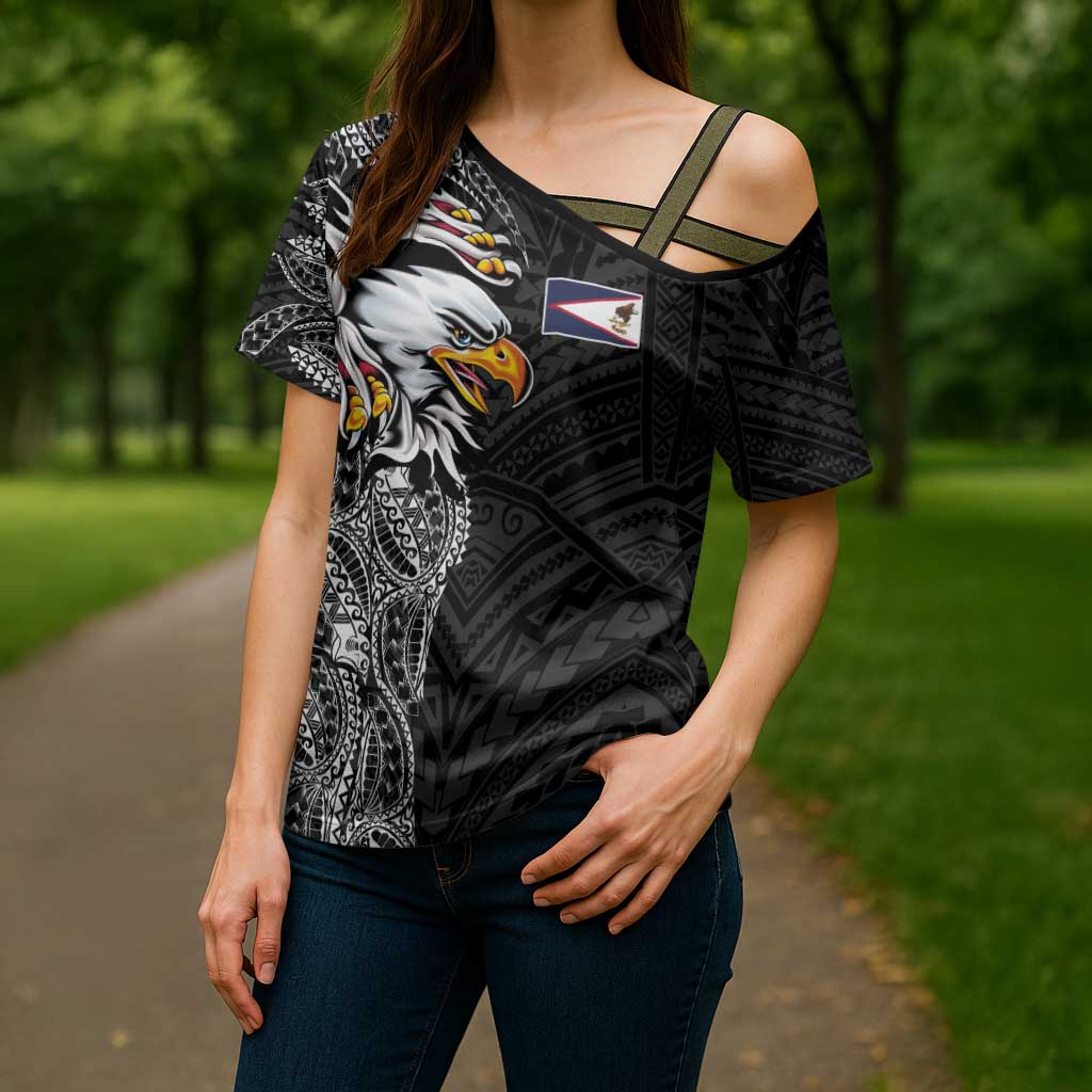 American Samoa Flag Day Cross Shoulder Shirt Tribal Tattoo with Eagle Black