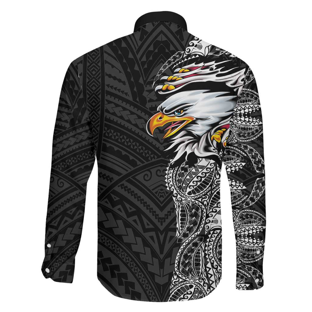 American Samoa Flag Day Family Matching Long Sleeve Bodycon Dress and Hawaiian Shirt Tribal Tattoo with Eagle Black LT03 - Polynesian Pride