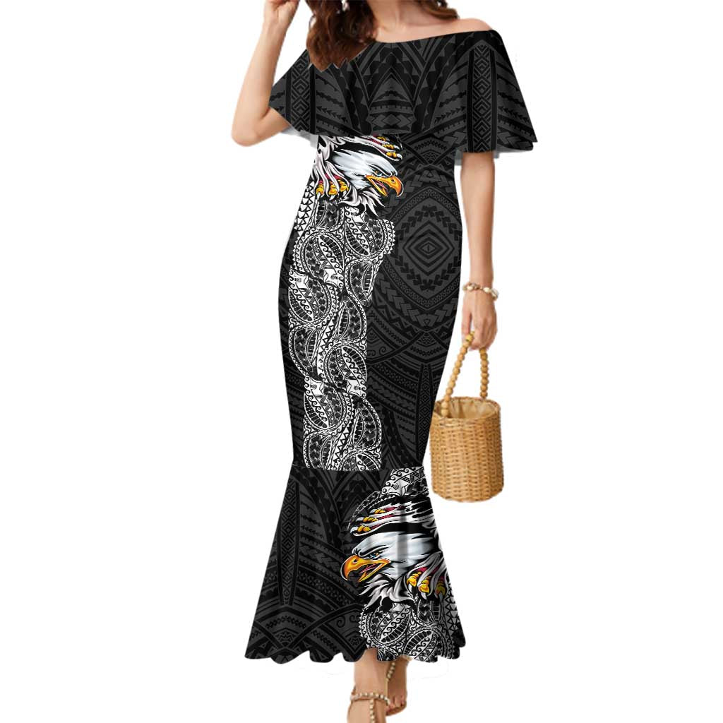 American Samoa Flag Day Family Matching Mermaid Dress and Hawaiian Shirt Tribal Tattoo with Eagle Black LT03 Mom's Dress Black - Polynesian Pride