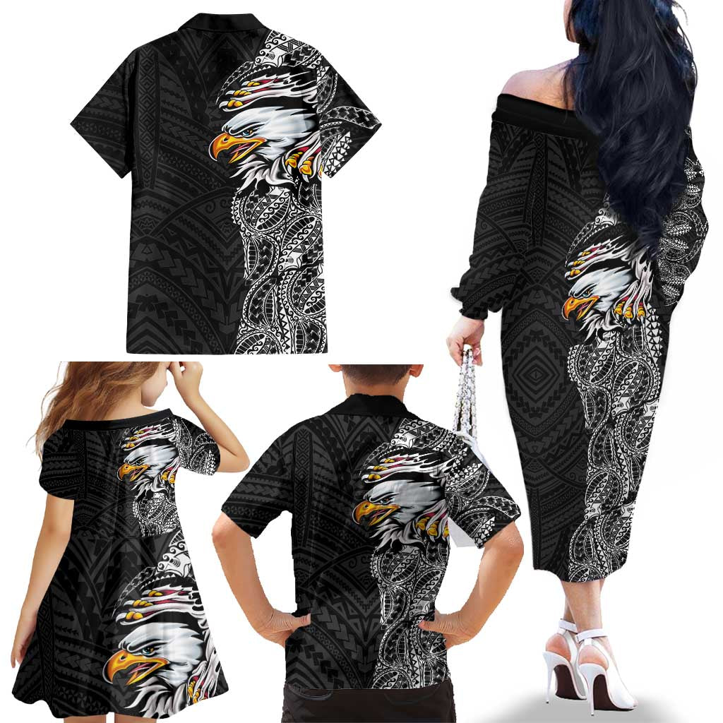 American Samoa Flag Day Family Matching Off The Shoulder Long Sleeve Dress and Hawaiian Shirt Tribal Tattoo with Eagle Black LT03 - Polynesian Pride