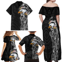 American Samoa Flag Day Family Matching Off Shoulder Maxi Dress and Hawaiian Shirt Tribal Tattoo with Eagle Black LT03 - Polynesian Pride