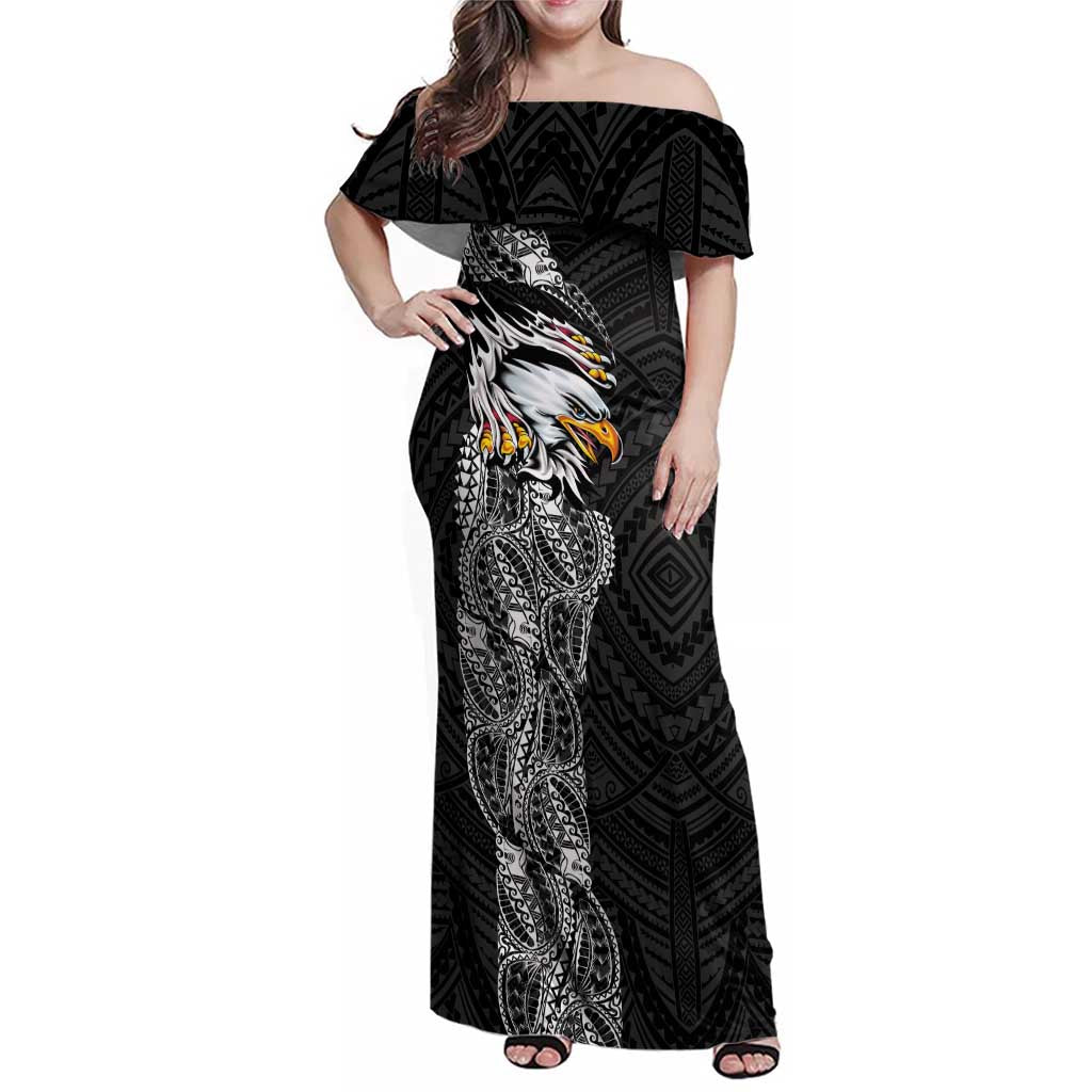 American Samoa Flag Day Family Matching Off Shoulder Maxi Dress and Hawaiian Shirt Tribal Tattoo with Eagle Black LT03 Mom's Dress Black - Polynesian Pride