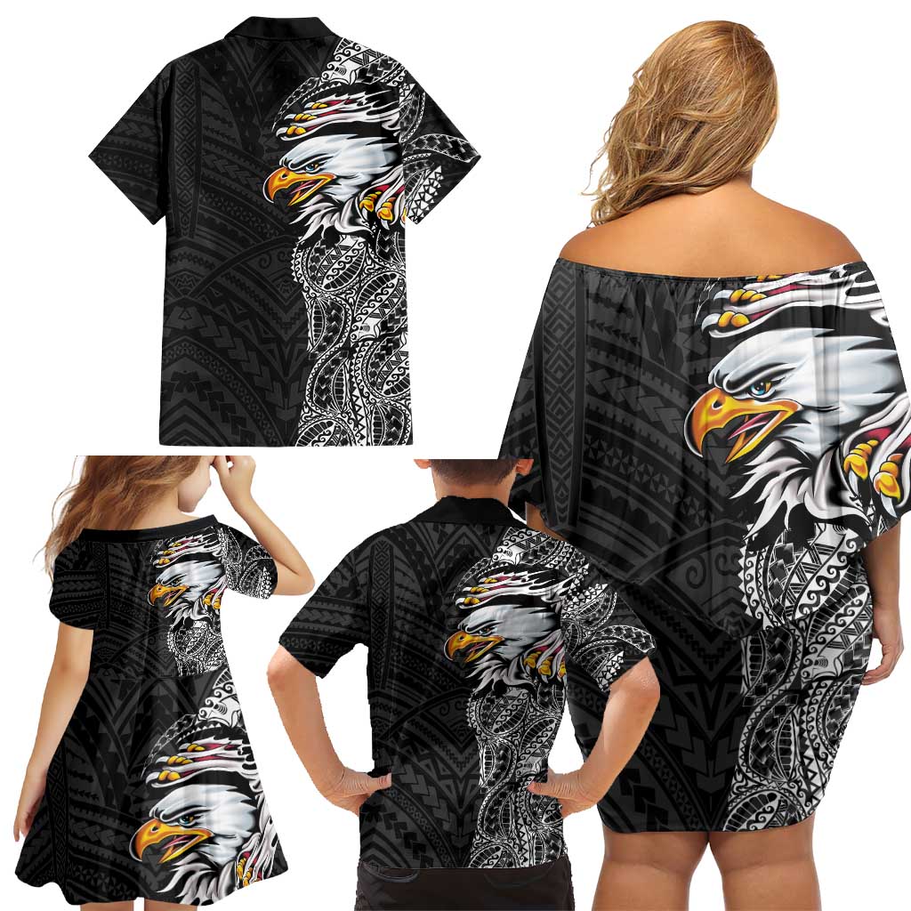 American Samoa Flag Day Family Matching Off Shoulder Short Dress and Hawaiian Shirt Tribal Tattoo with Eagle Black LT03 - Polynesian Pride
