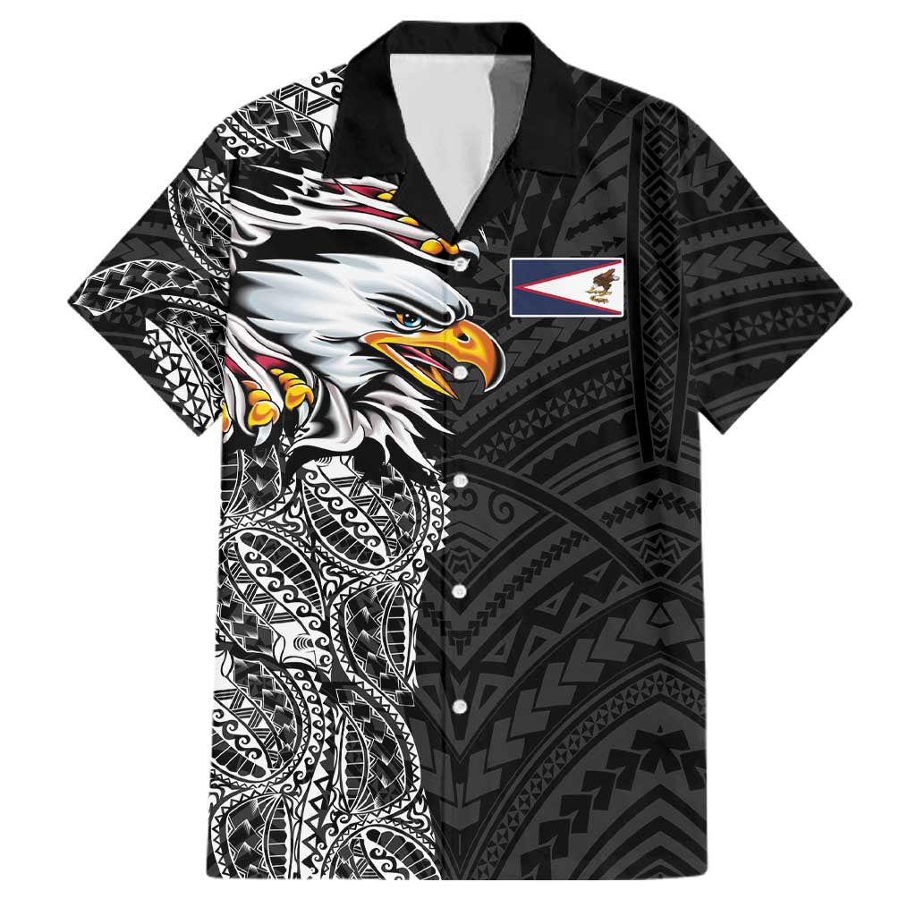 American Samoa Flag Day Family Matching Off Shoulder Short Dress and Hawaiian Shirt Tribal Tattoo with Eagle Black LT03 Dad's Shirt - Short Sleeve Black - Polynesian Pride