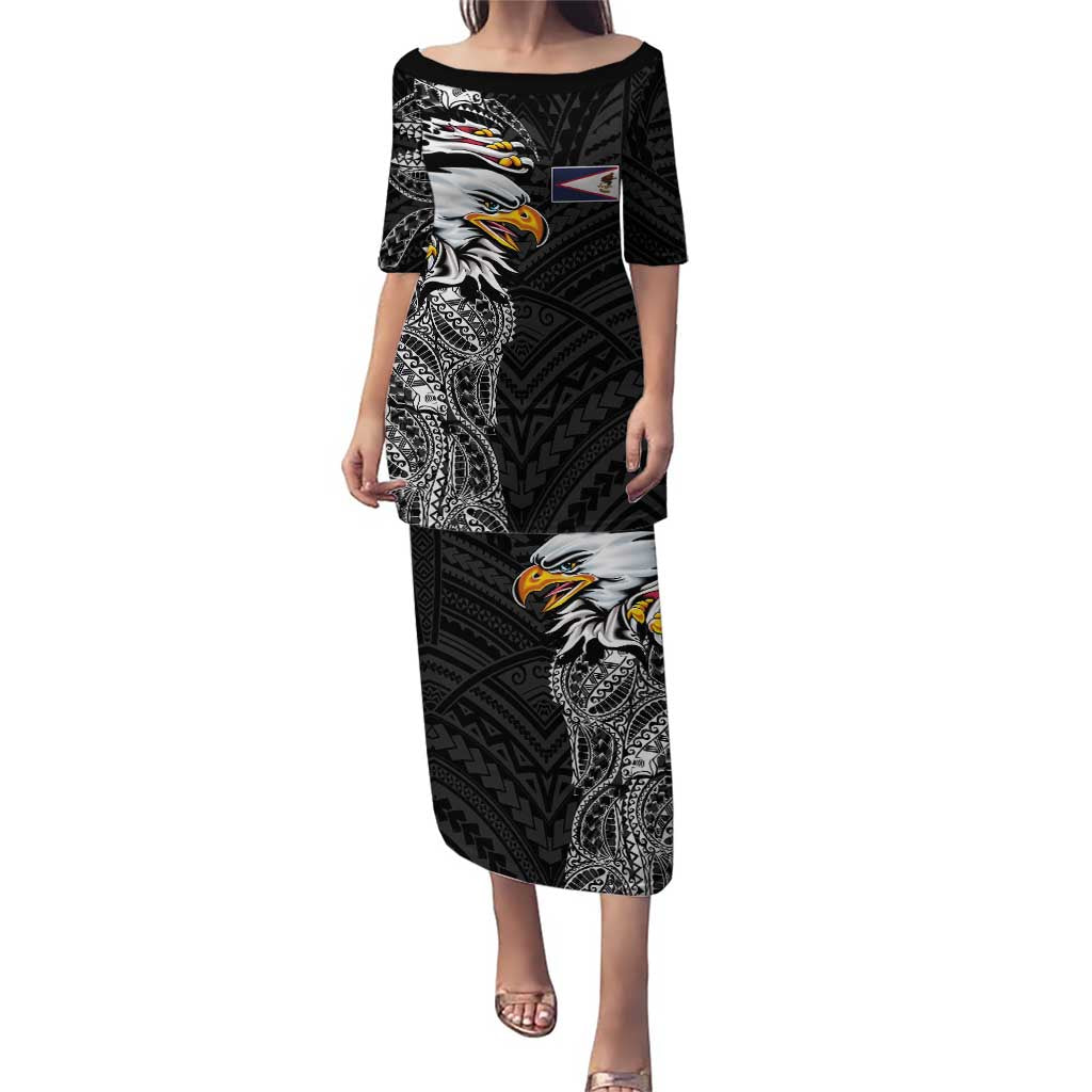 American Samoa Flag Day Family Matching Puletasi and Hawaiian Shirt Tribal Tattoo with Eagle Black LT03 Mom's Dress Black - Polynesian Pride
