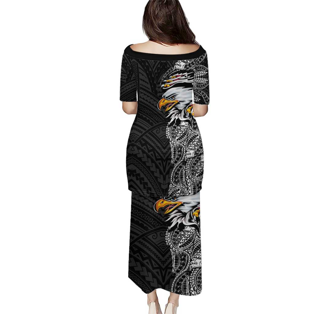 American Samoa Flag Day Family Matching Puletasi and Hawaiian Shirt Tribal Tattoo with Eagle Black LT03 - Polynesian Pride