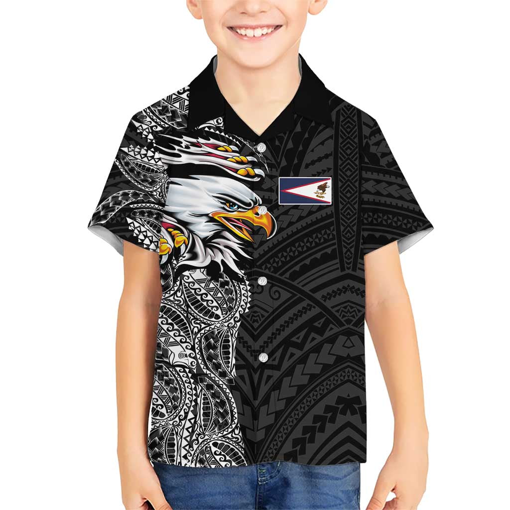 American Samoa Flag Day Family Matching Puletasi and Hawaiian Shirt Tribal Tattoo with Eagle Black LT03 Son's Shirt Black - Polynesian Pride