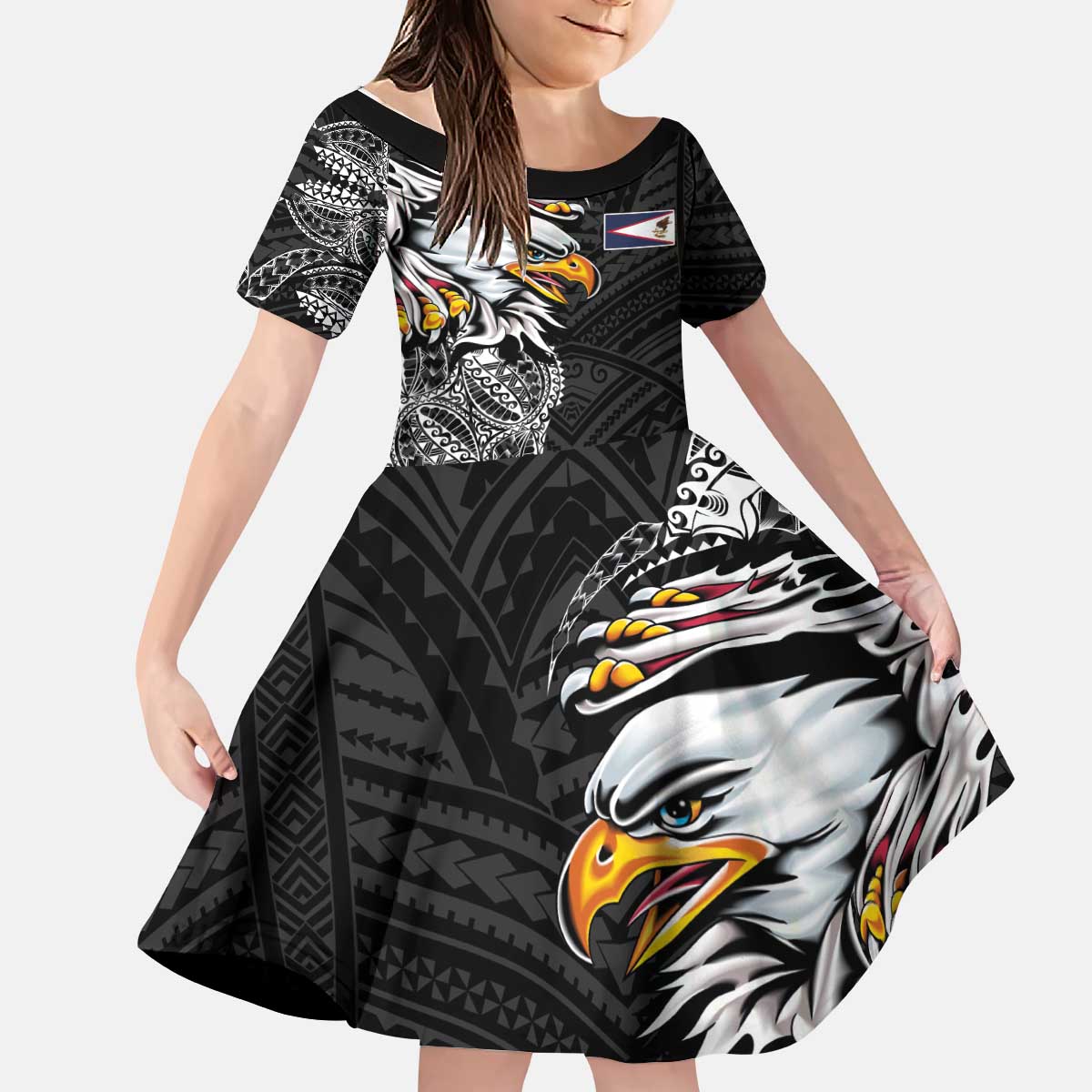 American Samoa Flag Day Kid Short Sleeve Dress Tribal Tattoo with Eagle Black