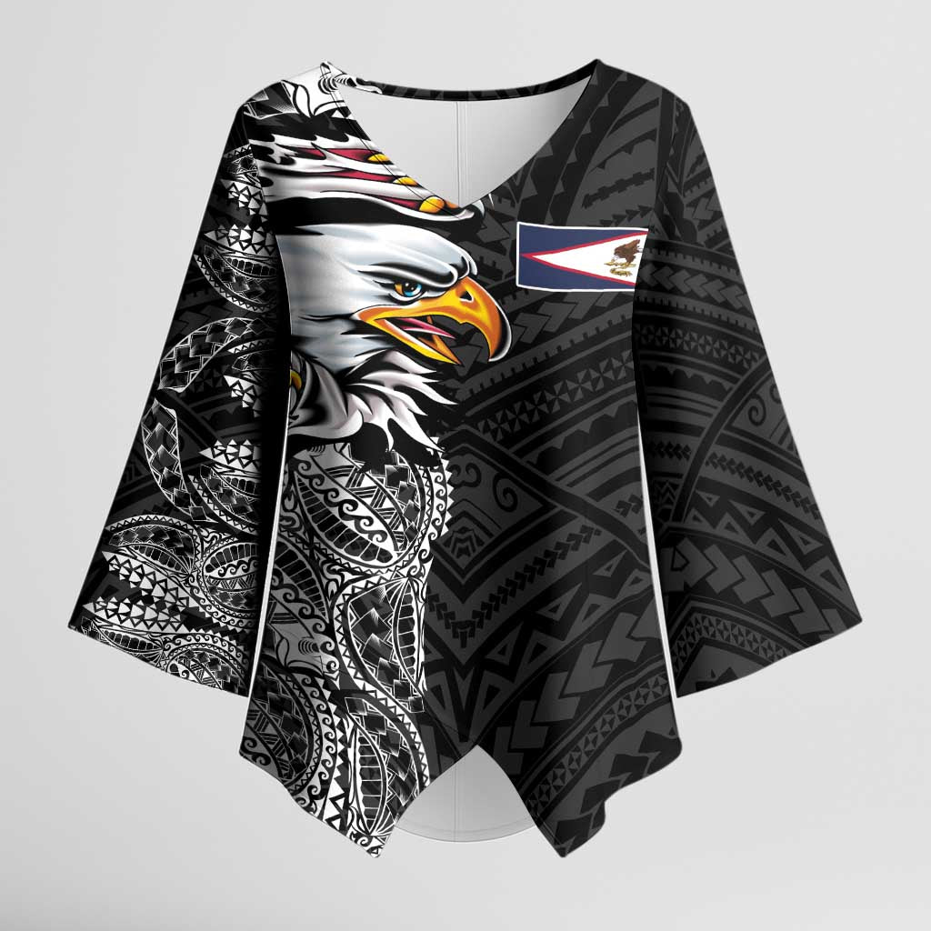 American Samoa Flag Day Kimono Sleeve Blouse Tribal Tattoo with Eagle Black