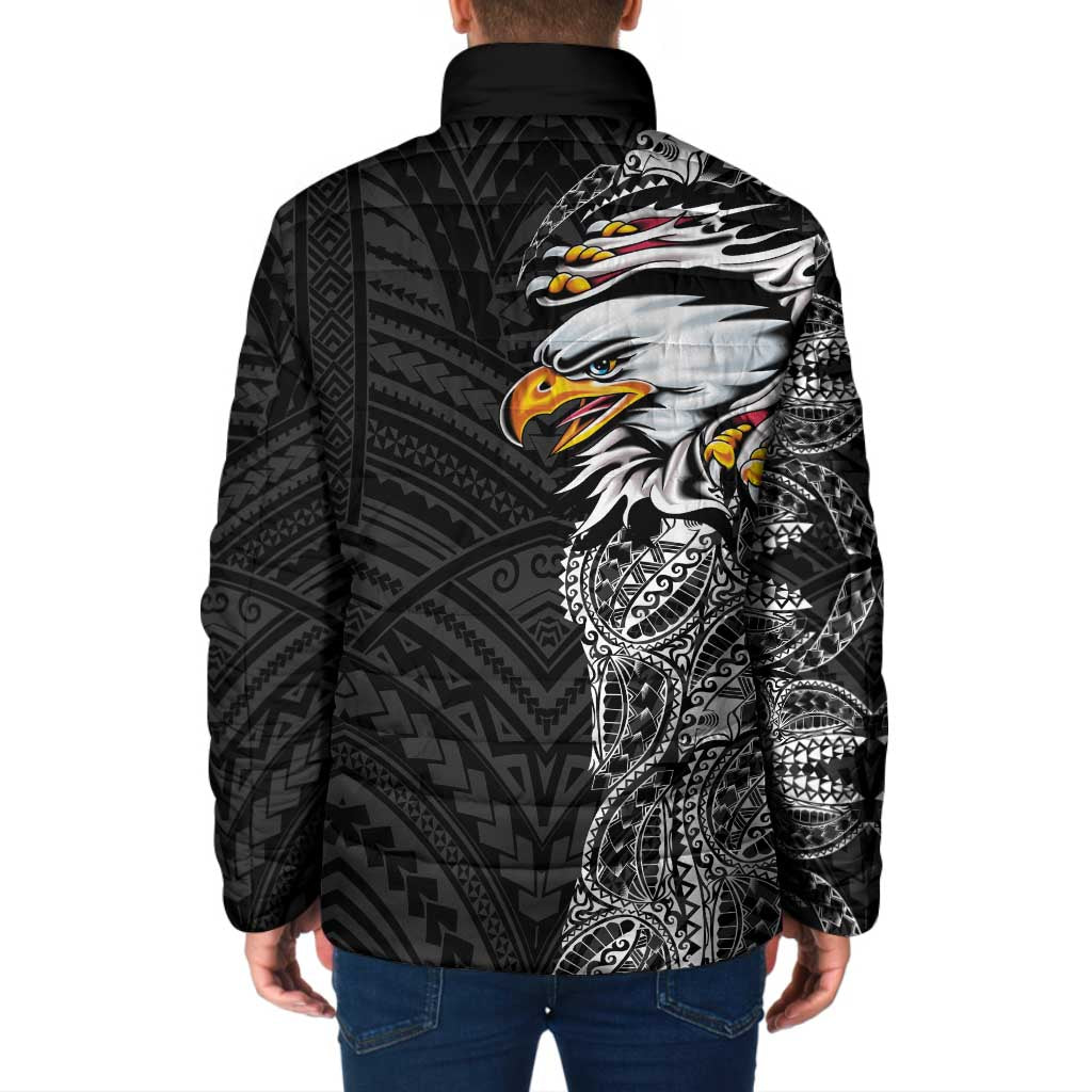 American Samoa Flag Day Padded Jacket Tribal Tattoo with Eagle Black