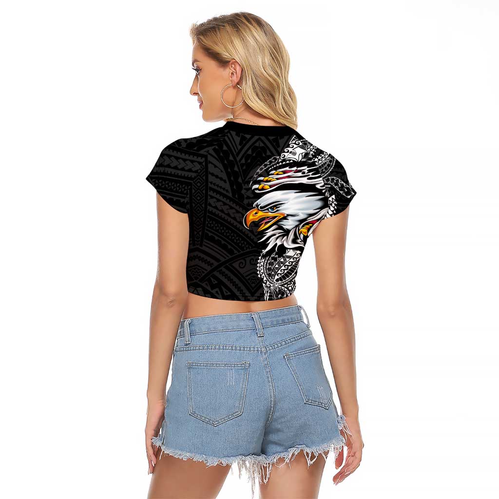 American Samoa Flag Day Raglan Cropped T Shirt Tribal Tattoo with Eagle Black