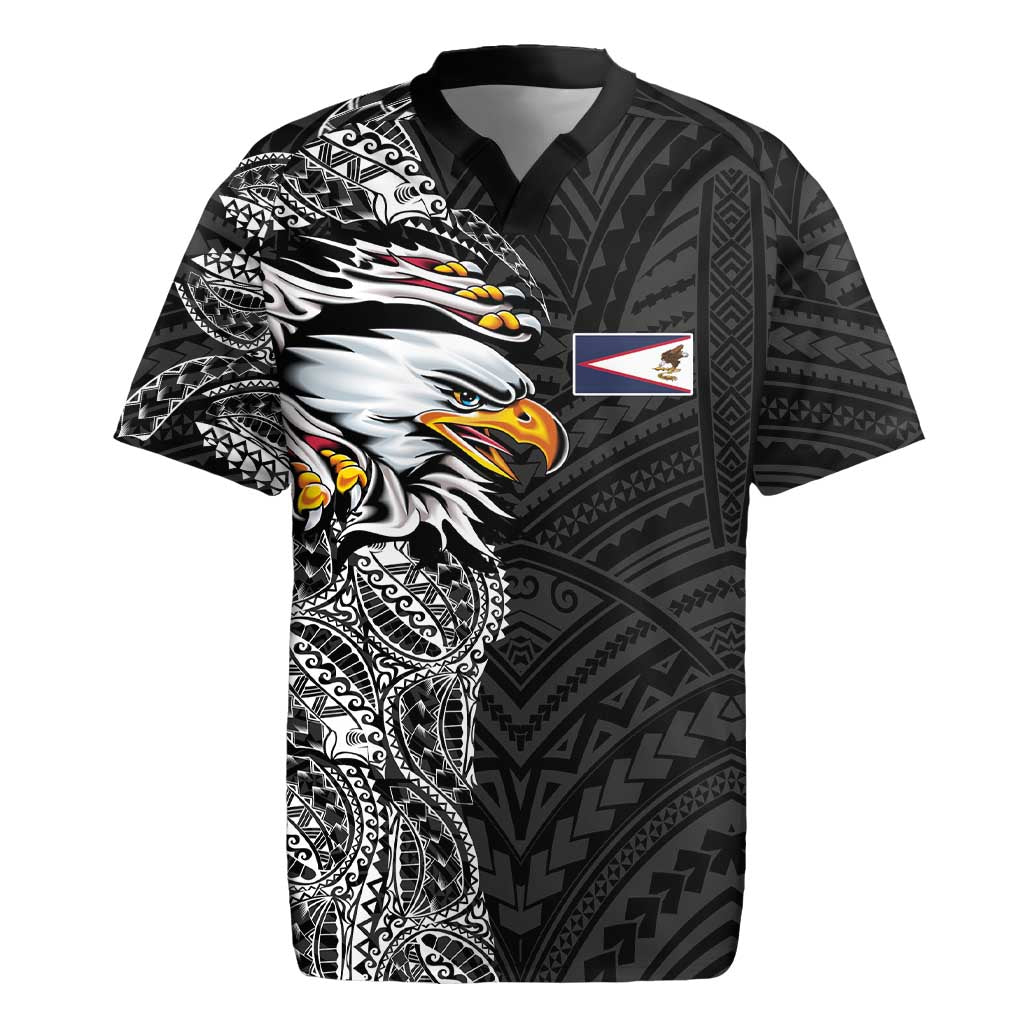 American Samoa Flag Day Rugby Jersey Tribal Tattoo with Eagle Black