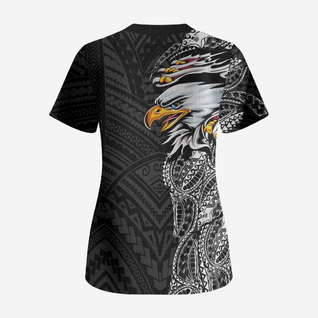 American Samoa Flag Day Scrub Top Tribal Tattoo with Eagle Black