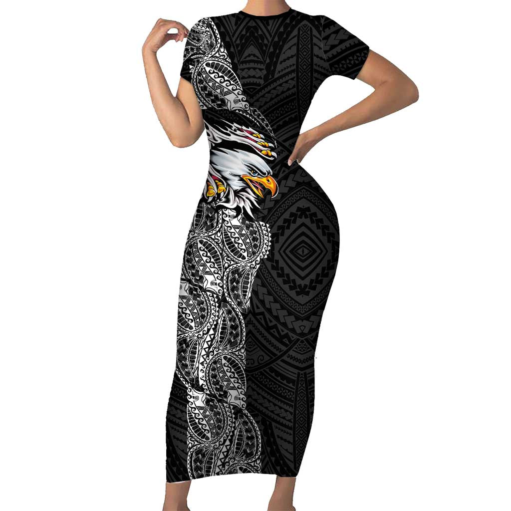 American Samoa Flag Day Short Sleeve Bodycon Dress Tribal Tattoo with Eagle Black