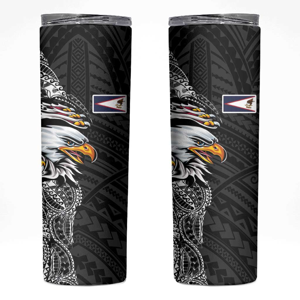 American Samoa Flag Day Skinny Tumbler Tribal Tattoo with Eagle Black