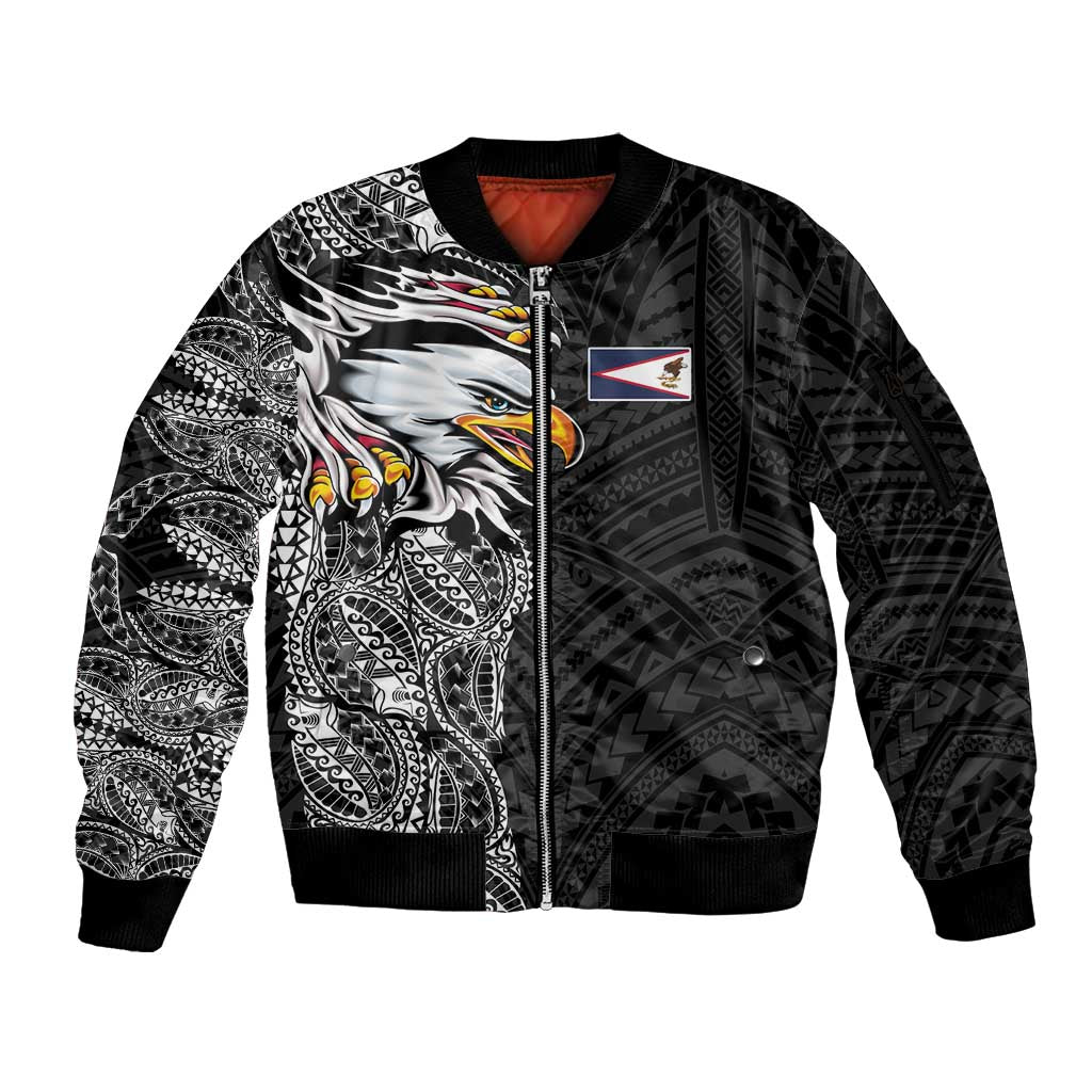 American Samoa Flag Day Sleeve Zip Bomber Jacket Tribal Tattoo with Eagle Black