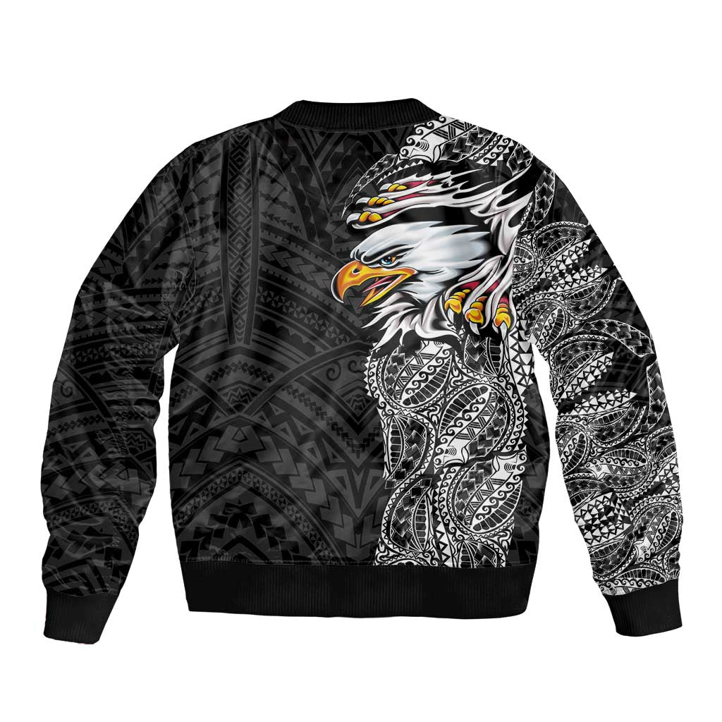 American Samoa Flag Day Sleeve Zip Bomber Jacket Tribal Tattoo with Eagle Black