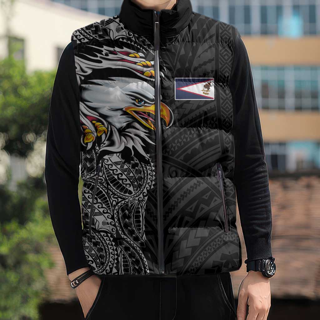 American Samoa Flag Day Sleeveless Puffer Jacket Tribal Tattoo with Eagle Black