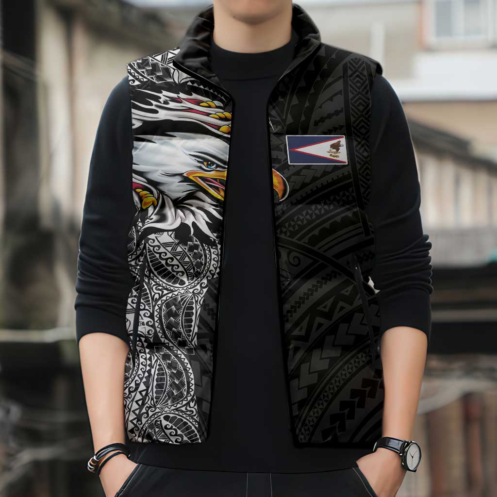 American Samoa Flag Day Sleeveless Puffer Jacket Tribal Tattoo with Eagle Black