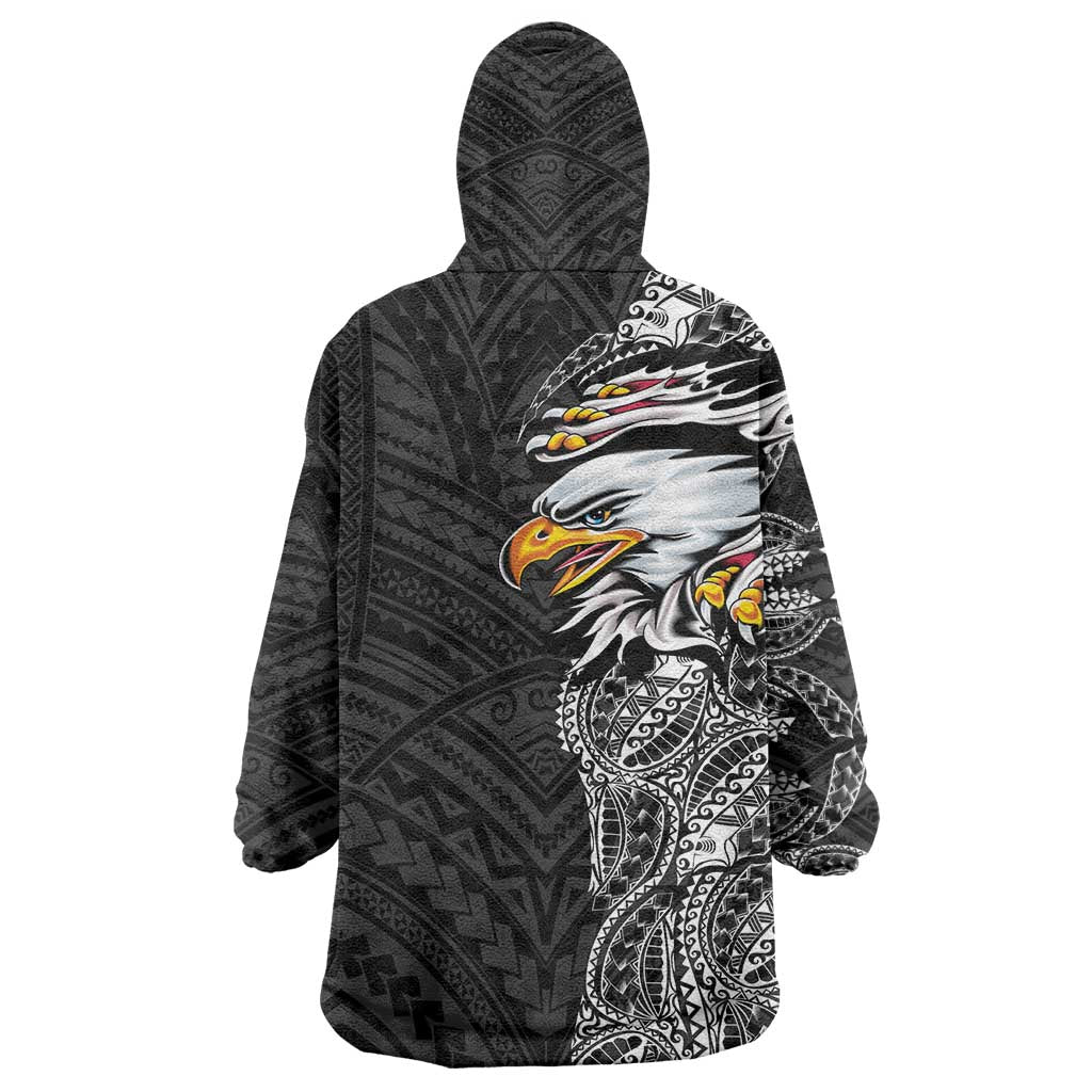American Samoa Flag Day Wearable Blanket Hoodie Tribal Tattoo with Eagle Black