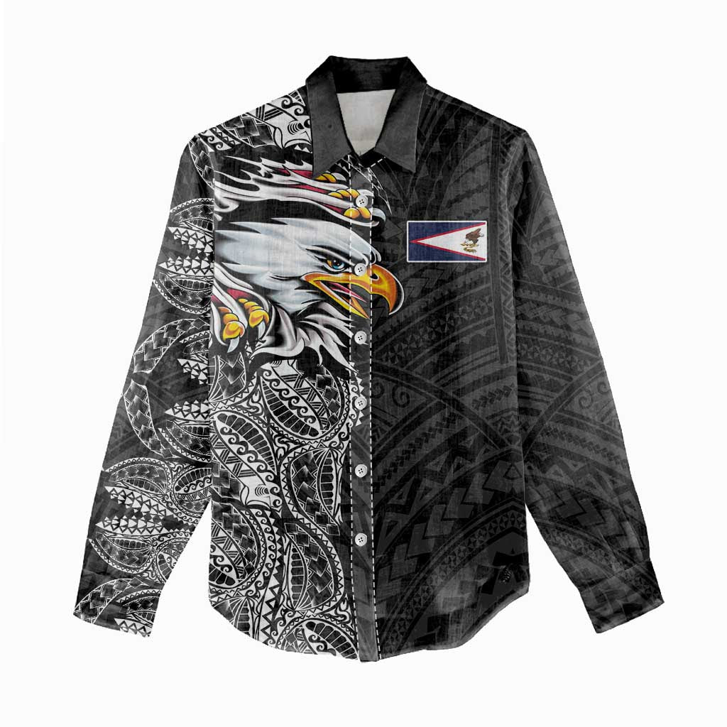 American Samoa Flag Day Women Casual Shirt Tribal Tattoo with Eagle Black