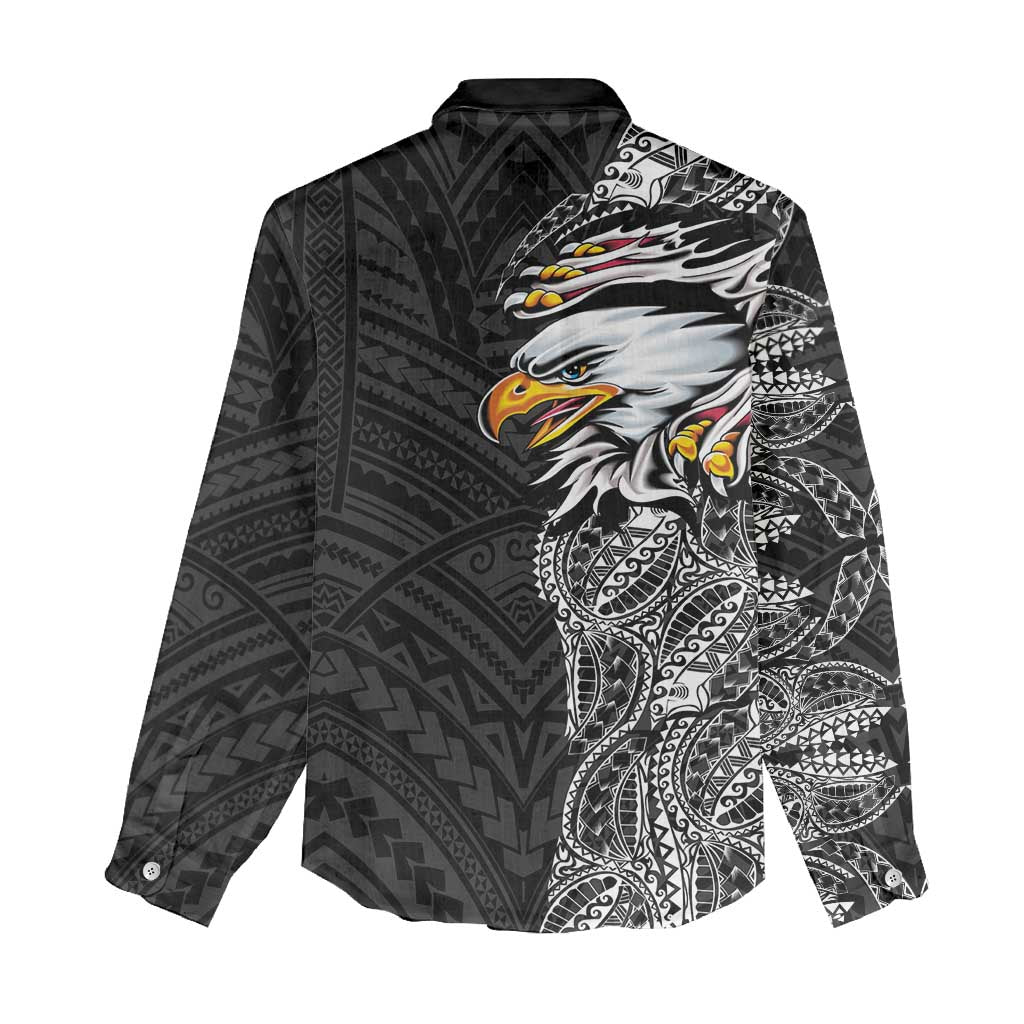 American Samoa Flag Day Women Casual Shirt Tribal Tattoo with Eagle Black