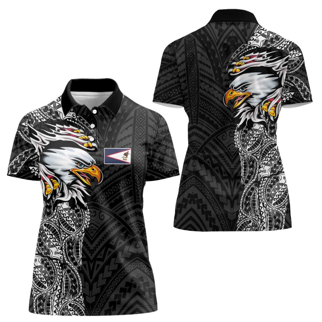 American Samoa Flag Day Women Polo Shirt Tribal Tattoo with Eagle Black