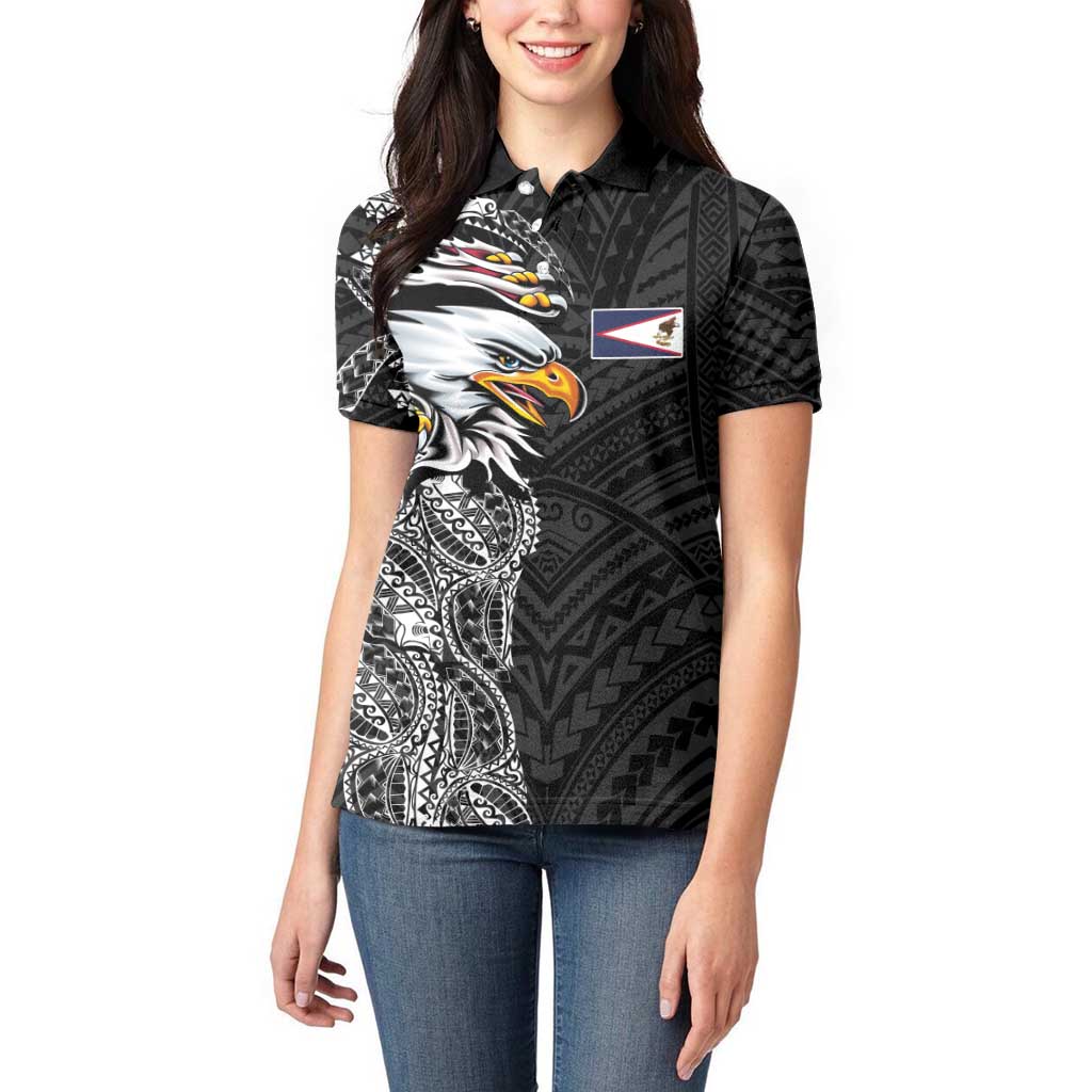 American Samoa Flag Day Women Polo Shirt Tribal Tattoo with Eagle Black