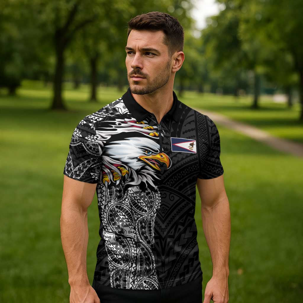 American Samoa Flag Day Zipper Polo Shirt Tribal Tattoo with Eagle Black