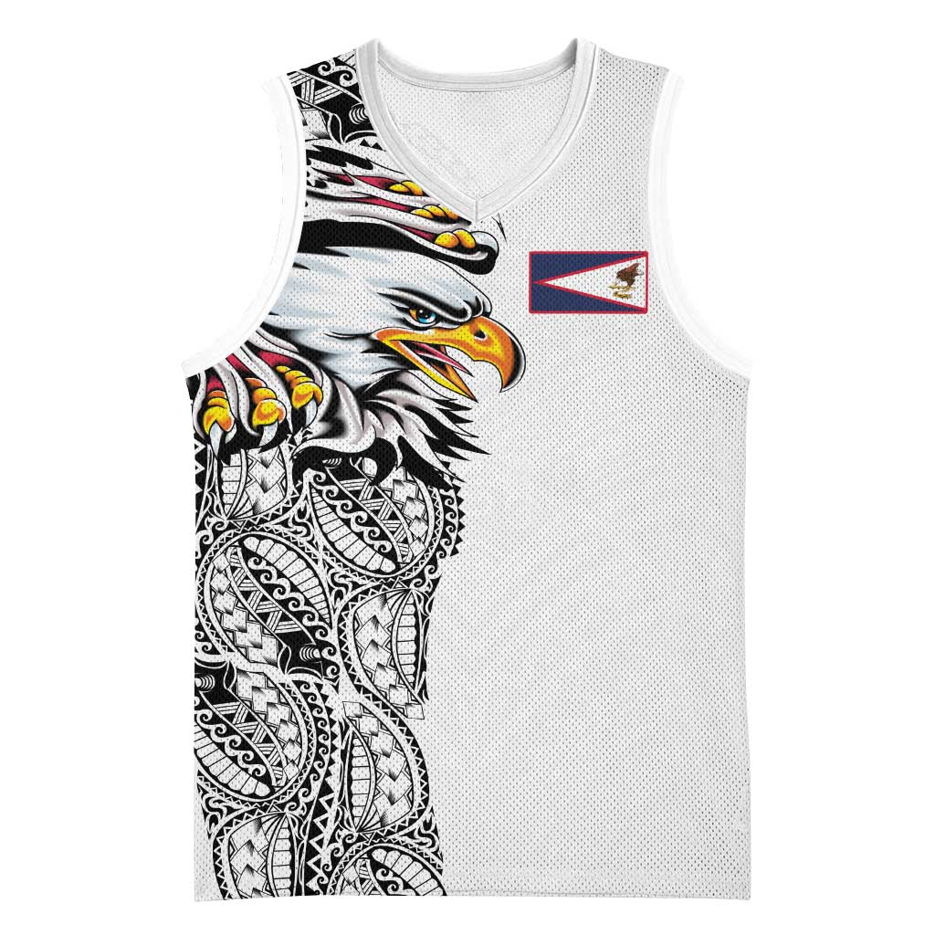 American Samoa Flag Day Basketball Jersey Tribal Tattoo with Eagle White
