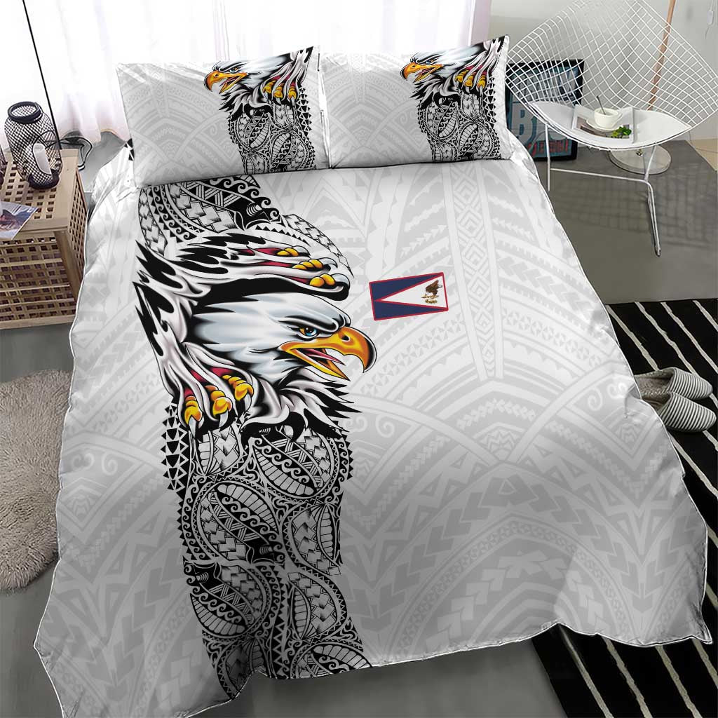 American Samoa Flag Day Bedding Set Tribal Tattoo with Eagle White