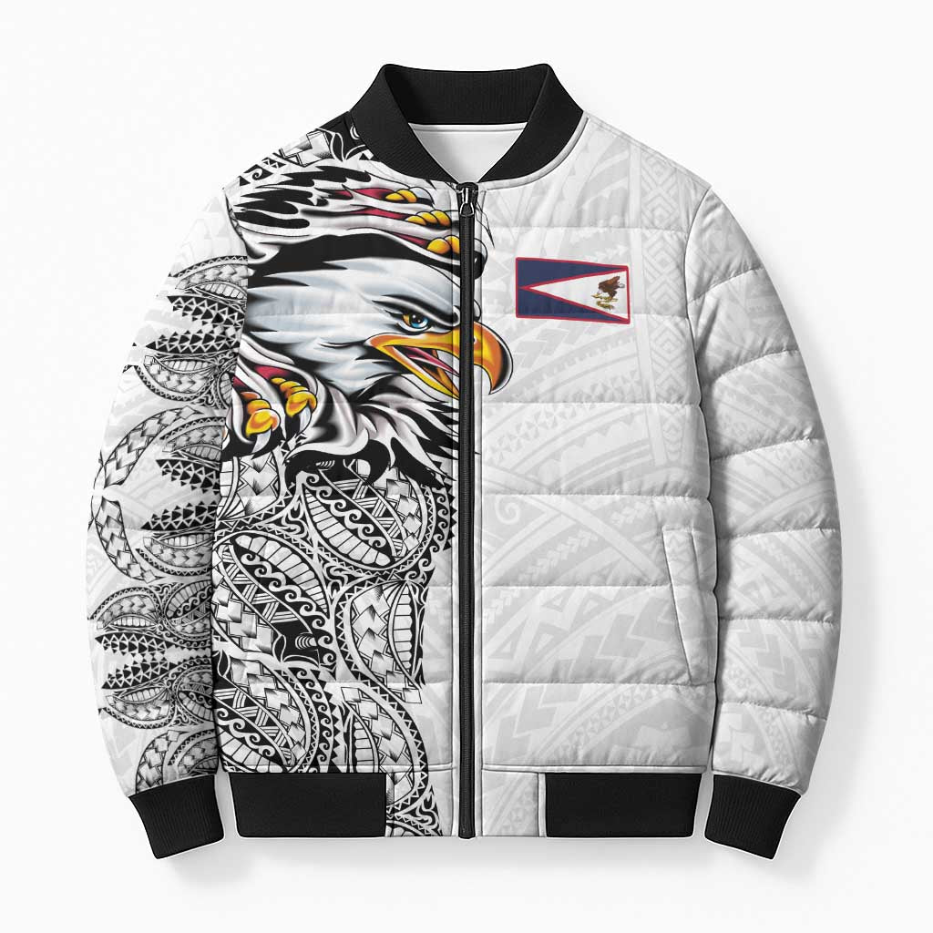American Samoa Flag Day Bomber Puffer Jacket Tribal Tattoo with Eagle White