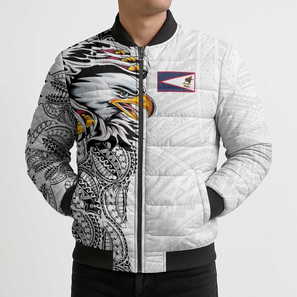 American Samoa Flag Day Bomber Puffer Jacket Tribal Tattoo with Eagle White