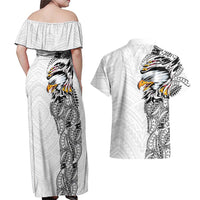 American Samoa Flag Day Couples Matching Off Shoulder Maxi Dress and Hawaiian Shirt Tribal Tattoo with Eagle White