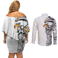 American Samoa Flag Day Couples Matching Off Shoulder Short Dress and Long Sleeve Button Shirt Tribal Tattoo with Eagle White