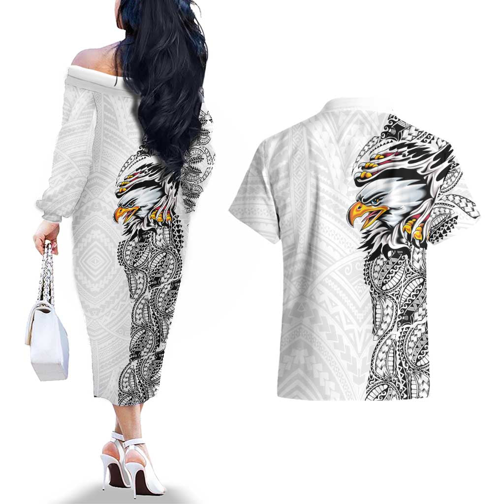 American Samoa Flag Day Couples Matching Off The Shoulder Long Sleeve Dress and Hawaiian Shirt Tribal Tattoo with Eagle White LT03 - Polynesian Pride