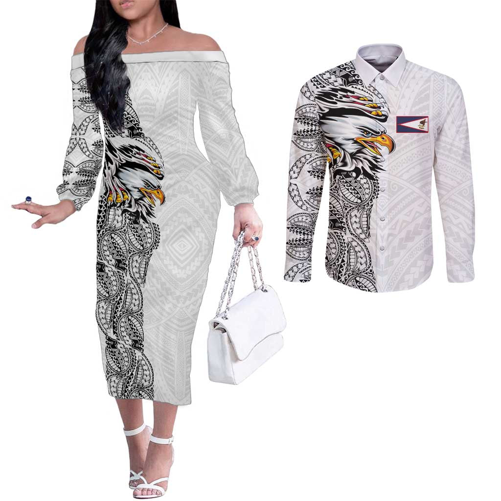 American Samoa Flag Day Couples Matching Off The Shoulder Long Sleeve Dress and Long Sleeve Button Shirt Tribal Tattoo with Eagle White LT03 White - Polynesian Pride