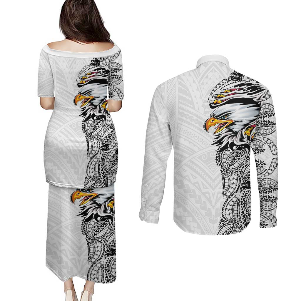 American Samoa Flag Day Couples Matching Puletasi and Long Sleeve Button Shirt Tribal Tattoo with Eagle White