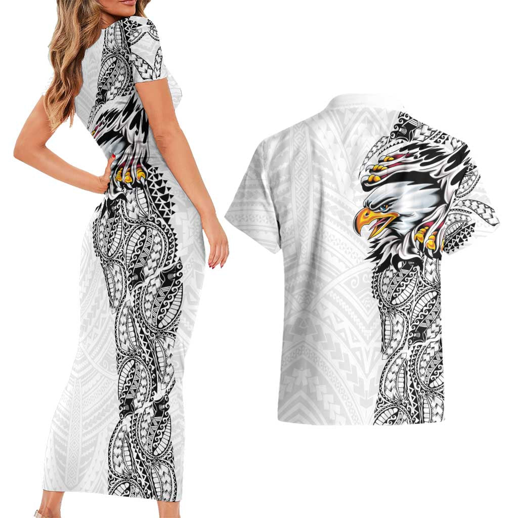 American Samoa Flag Day Couples Matching Short Sleeve Bodycon Dress and Hawaiian Shirt Tribal Tattoo with Eagle White LT03 - Polynesian Pride