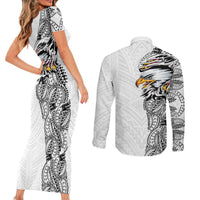 American Samoa Flag Day Couples Matching Short Sleeve Bodycon Dress and Long Sleeve Button Shirt Tribal Tattoo with Eagle White