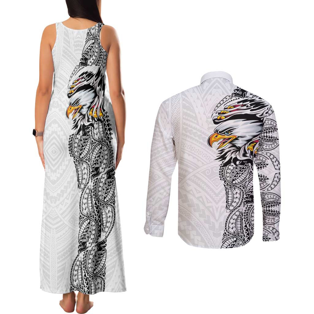 American Samoa Flag Day Couples Matching Tank Maxi Dress and Long Sleeve Button Shirt Tribal Tattoo with Eagle White