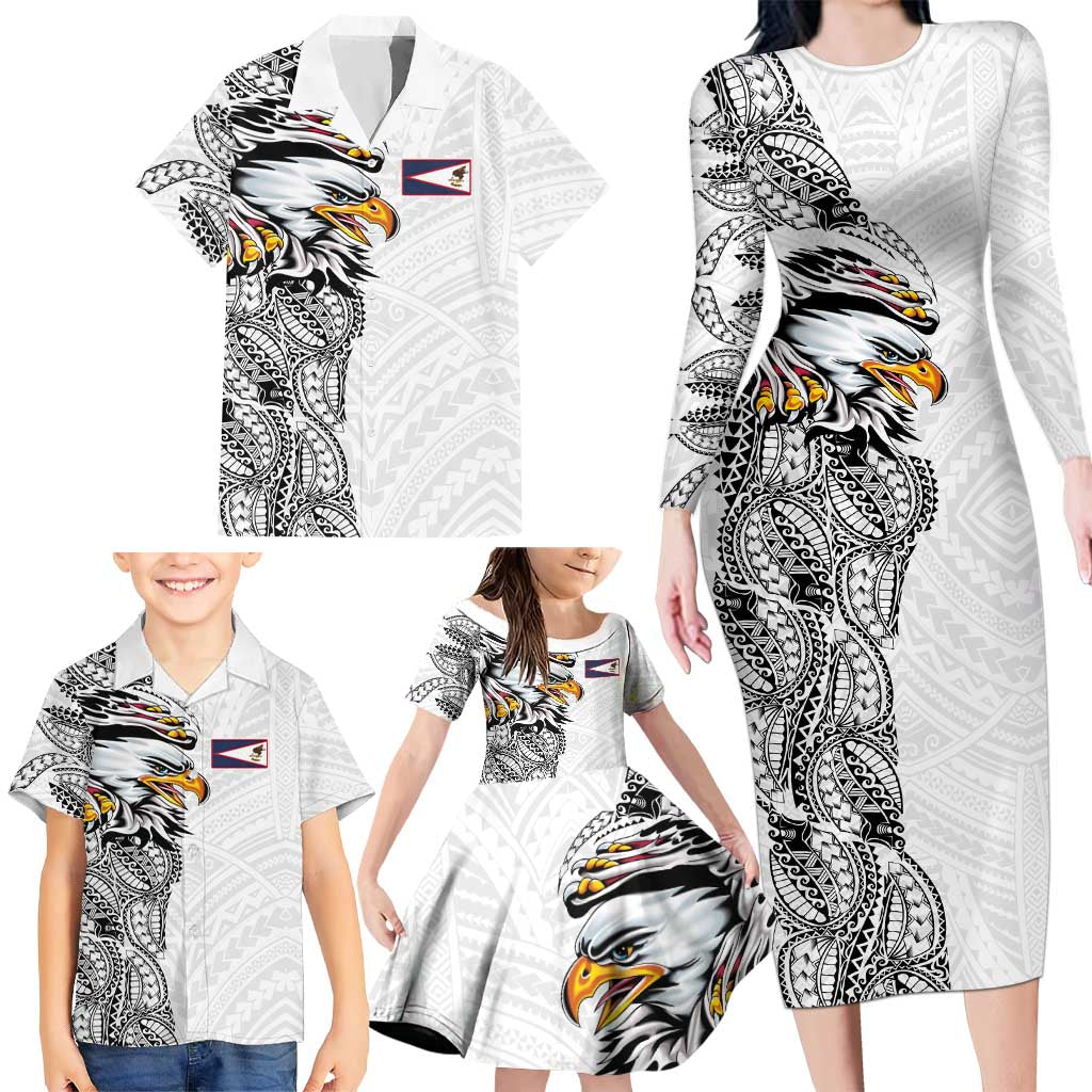 American Samoa Flag Day Family Matching Long Sleeve Bodycon Dress and Hawaiian Shirt Tribal Tattoo with Eagle White