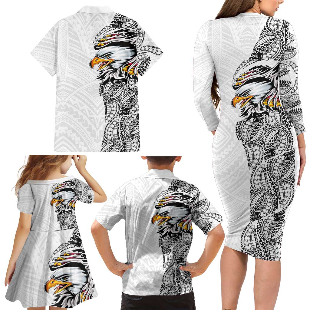 American Samoa Flag Day Family Matching Long Sleeve Bodycon Dress and Hawaiian Shirt Tribal Tattoo with Eagle White LT03 - Polynesian Pride
