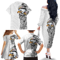 American Samoa Flag Day Family Matching Off The Shoulder Long Sleeve Dress and Hawaiian Shirt Tribal Tattoo with Eagle White LT03 - Polynesian Pride