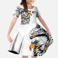 American Samoa Flag Day Family Matching Off Shoulder Maxi Dress and Hawaiian Shirt Tribal Tattoo with Eagle White LT03 Daughter's Dress White - Polynesian Pride