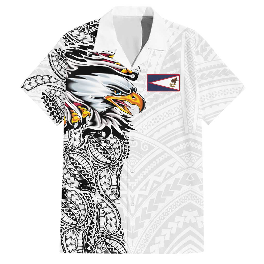 American Samoa Flag Day Family Matching Off Shoulder Maxi Dress and Hawaiian Shirt Tribal Tattoo with Eagle White LT03 Dad's Shirt - Short Sleeve White - Polynesian Pride